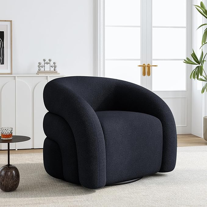 Boucle Swivel Accent Chair No Assembly Small Comfy Round Barrel Armchair for Living Room Bedroom Reading Waiting Room (Navy Blue Set of 2)