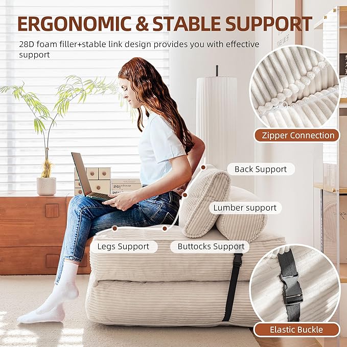 GYUTEI Folding Sofa Bed Convertible Sleeping Chair with Backrest Support and Soft Corduroy FabricFold Couch Bed with Pillow for Small Spaces/Living Room/Bedroom/Apartment Single SizeBeige