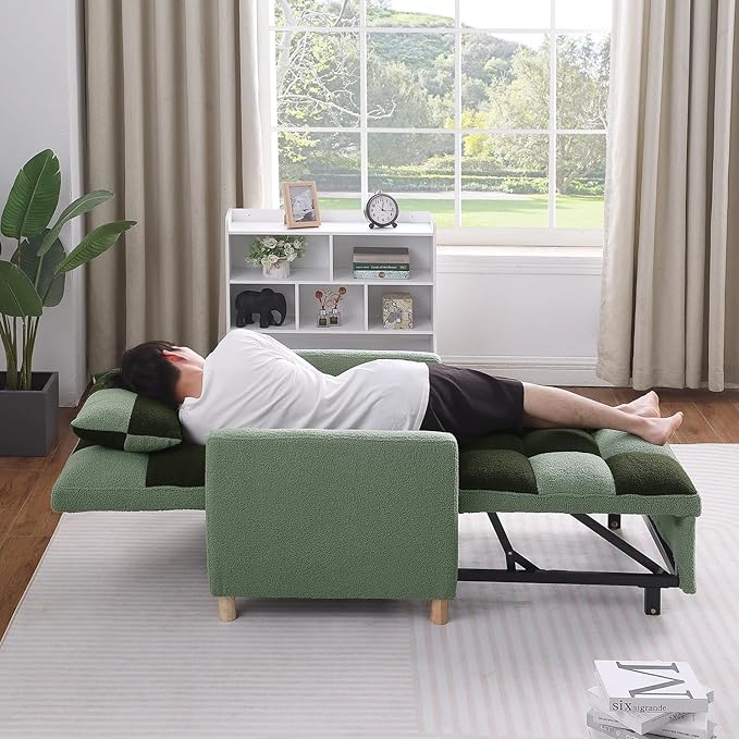 Sleeper Chair Pull Out Bed for Small Space Teddy Fabric Single Sofa Chair Bed with Adjustable Backrest