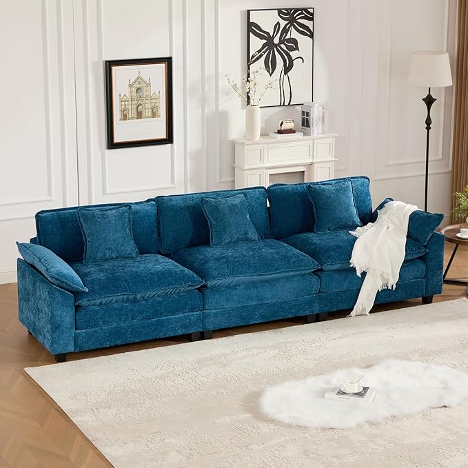 117.9 Modern Cozy Sectional Couches for Living Room Blue Chenille Comfy Cloud Couch Sectional 3 Seater Couch for Living Room Sofas para Sala I Shaped Sofas &amp Couches (Blue 3+0 Set)
