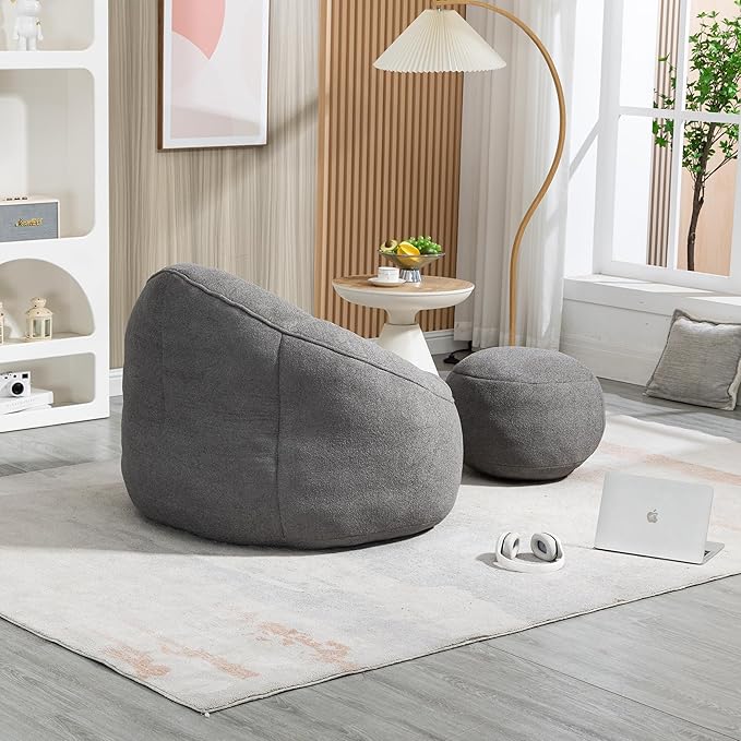Small Bean Bag Chairs for Adults Single Sofa Chair with Ottoman Footrest Bean Bag Couch for Teens with Foam Filler Included Comfy Soft Lazy Sofa for Small Space/Living Room/Bedroom/Study