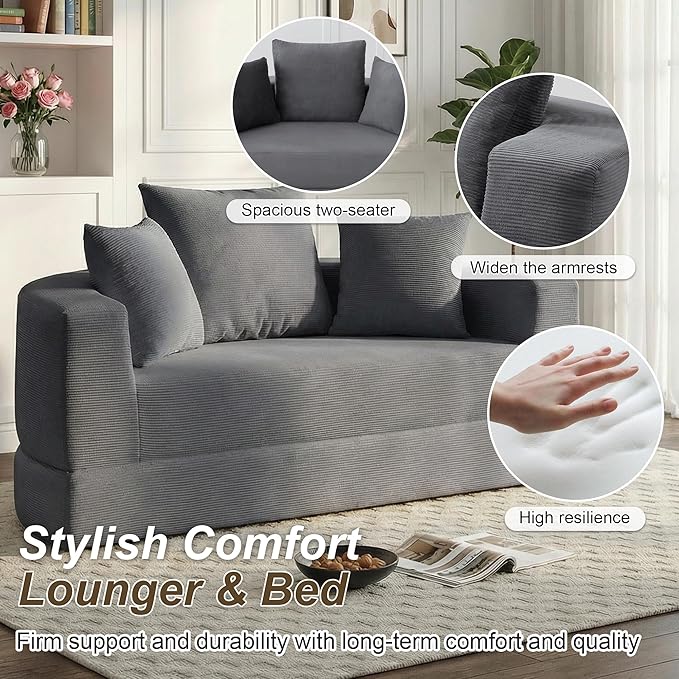 Casaphoria 67'' Wide Convertible Sofa BedLarge Fold-Out Floor Couch with Comfy Back PillowsMulti-Functional Sleeper for Living RoomGuestStudio(Gray)