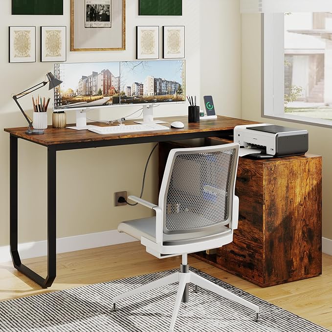 Giantex 55 Inch L-Shaped Desk with Charging Station Reversible Computer Desk with 3 Drawers Adjustable Shelf Large Computer Workstation Corner Desk for Small Spaces Home Office (Rustic Brown)