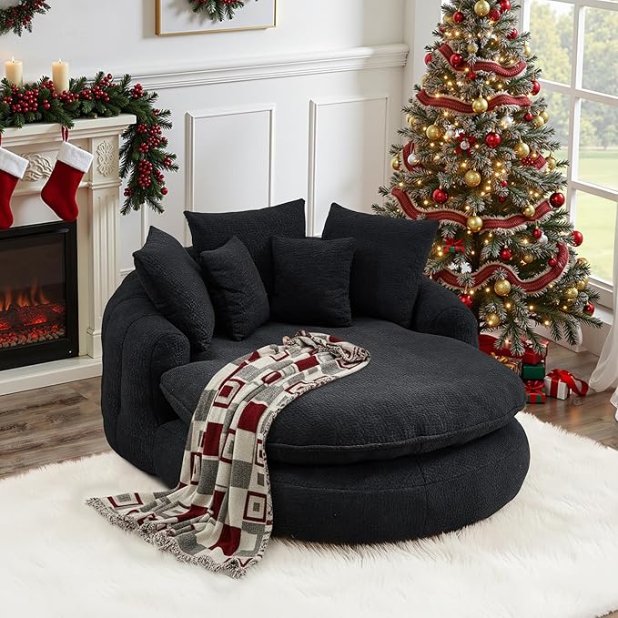 71 Oversized Round Chair Giant Bean Bag Couch Chairs for Adults Fluffy Chenille Boneless Couch Circle Bed with 5 Pillows Extra Deep Seat for Living Room Lounge No Assembly Required (Black)