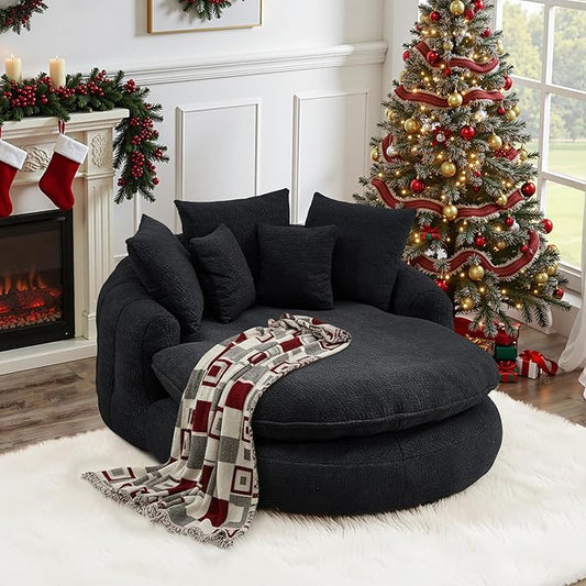 71 Oversized Round Chair Giant Bean Bag Couch Chairs for Adults Fluffy Chenille Boneless Couch Circle Bed with 5 Pillows Extra Deep Seat for Living Room Lounge No Assembly Required (Black)