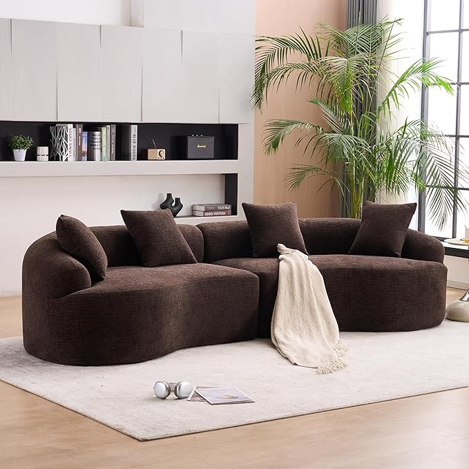 Yoglad 110‘’ Boneless Curved Sofa Modern Cloud 4-Seater Floor Couch Minimalist Compression Sofa for Living Room Apartment Studio Office No Assembly Needed(Chenille Dark Brown)