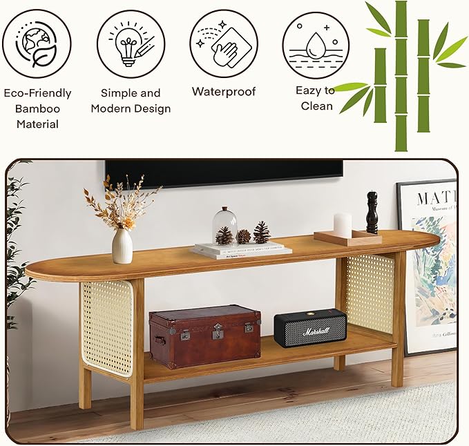 Bamboo TV Stand for TVs up to 65 Accent Entertainment Center with Storage Media Console Table with Rattan Modern TV Stand for Living Room Bedroom 55(L) Walnut