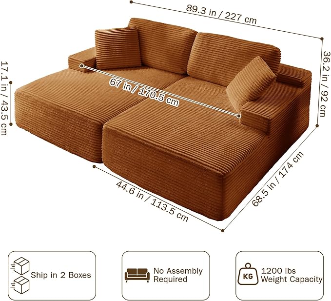 89.3” Oversized Double Chaise Lounge Indoor Orange Corduroy Chaise Lounge Chair Upholstered Sleeper Sofa Bed Deep Seat Sleeper Loveseat Reading Chairs Boneless Cloud Couch for Living Room Bedroom
