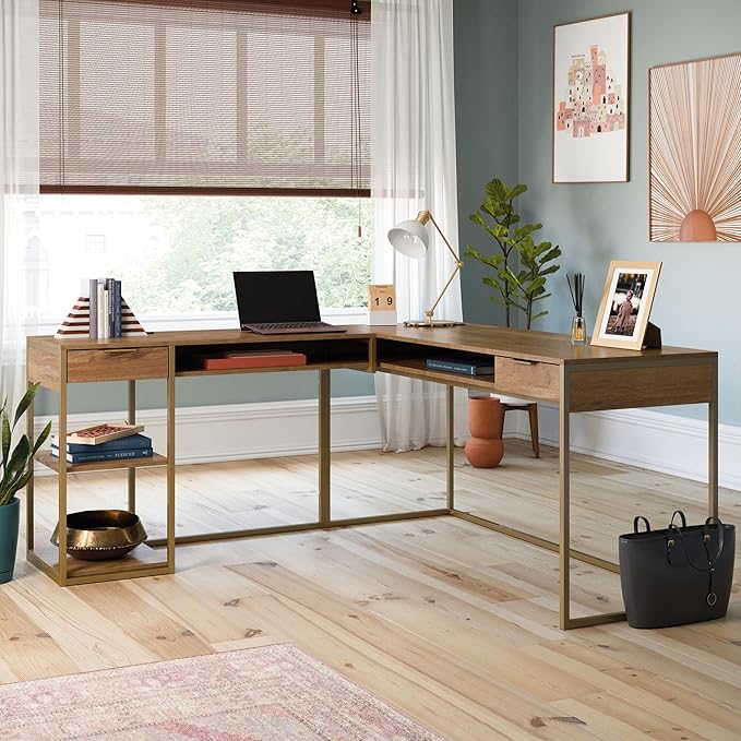 Sauder International Lux L-Shaped Desk Sindoori Mango Finish