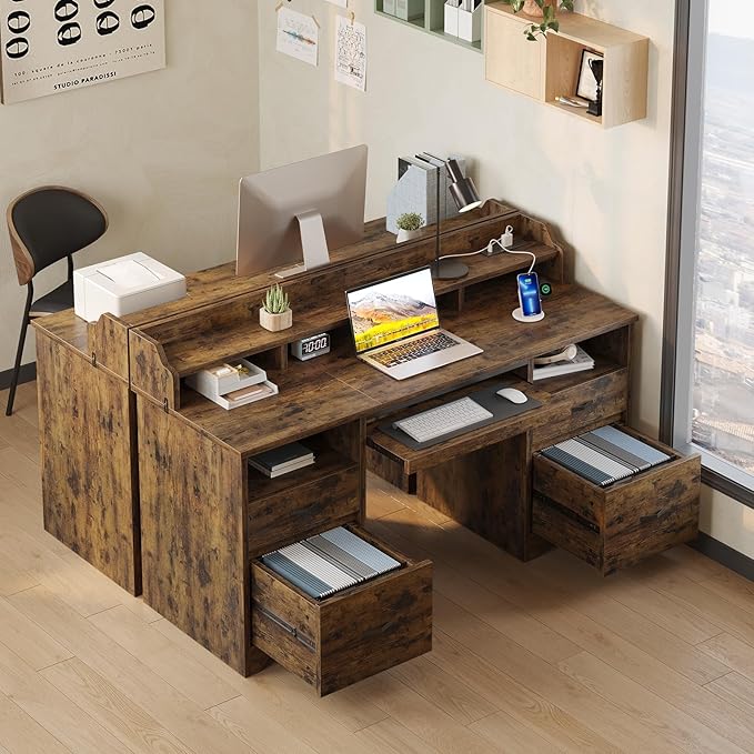 Bestier Farmhouse 59 Executive Desk with Drawers Wood Computer Desk with Charging Station Home Office Desk with Keyboard Tray &amp Monitor Stand Sturdy Pedestal Desk for Work Study Rustic Brown