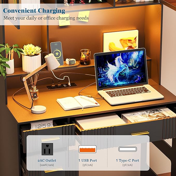 LED Study Desk with Hutch and Drawer Home Office Desk with Outlet Computer Desk with Charging Station Writing Desk for Bedroom Workstation for Small Space (Black)