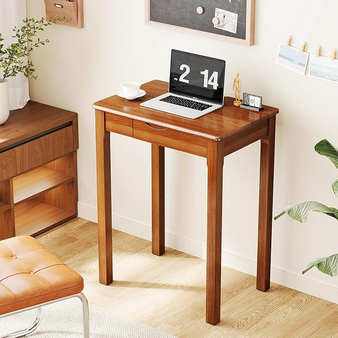Wood Desk with Drawers - Solid Wood Mid Century Modern Desks for Bedroom Small Computer Desk for Laptop Study Makeup 23.6 W x 29.5 H x 15.7 D in Walnut Color