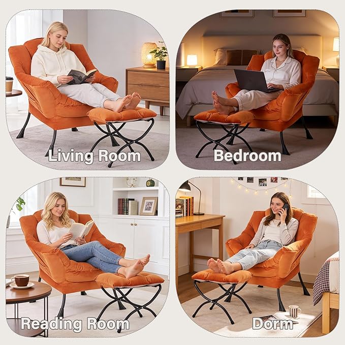 Lazy Chair with Folding Ottoman Modern Accent Armchair with Armrests Side Pocket &amp Foldable Footstool Reading Chair for Living Room Bedroom Dorm &amp Office Velvet Orange