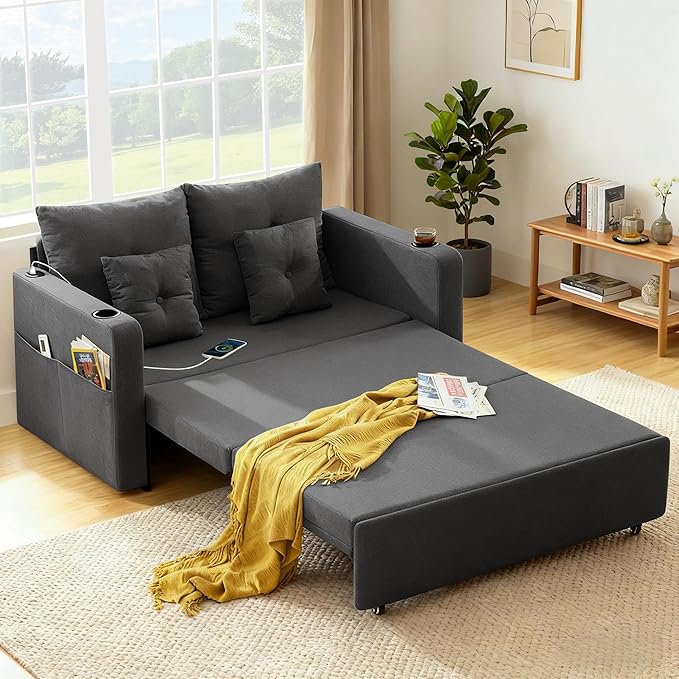 3 in 1 Convertible Sofa Bed 56 Full Size Loveseat Sleeper Sofa Couch Bed Sleeper Sofa Bed with Storage Pocket USB Comfy Pull Out Sofa Bed for Living Room Bedroom Small Space Dark Grey