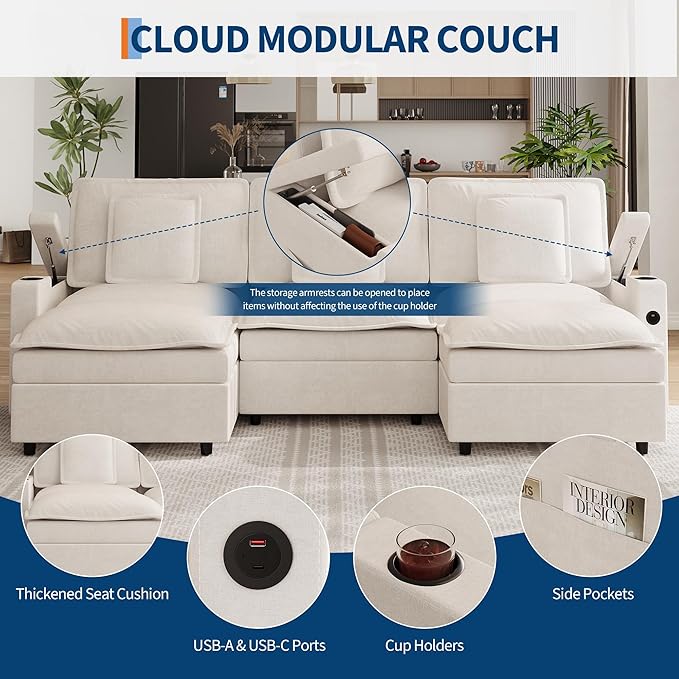 GarveeHome Sectional Couches 108 in Cloud Modular Sectional Sofa U-Shaped Chenille Deep Seat Sofa with Storage Armrests and Charging Ports Movable Ottoman and Cup Holder Included Beige