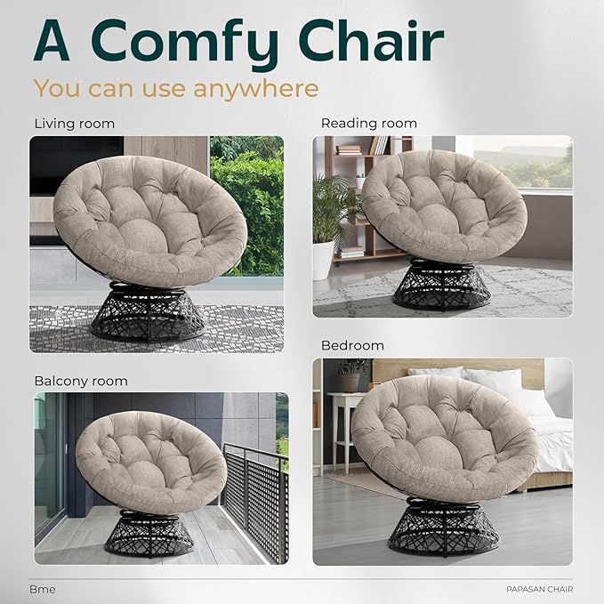 Bme 40 Ergonomic Wicker Papasan Chair with Soft Thick Cushion &amp Frame 360° Swivel Papasan Chair Circle Chair Reading Chair Chair for Living Room Bedroom Silver Cloud - Black Frame