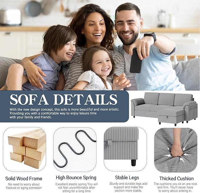 Meilocar Sectional Sofa Couch for Living Room 79 Sectional Couches with Storage Ottoman L Shaped Couch with Sloping Armrests 3-Seat Sofa Couches for Small Space Light Grey | Breathable Material
