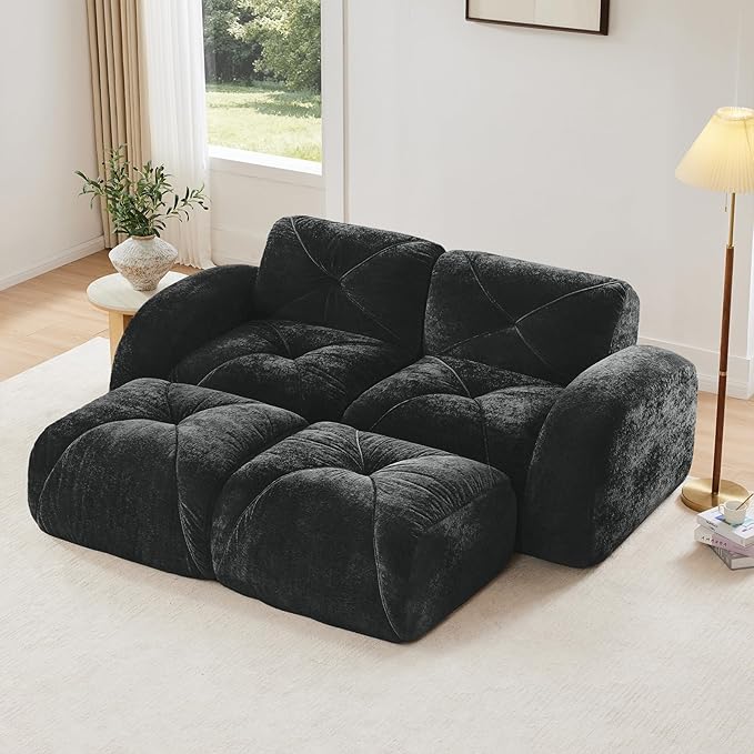 Black Loveseat Sectional Couches for Living Room Velvet Fabric Boneless Couch No Assembly Cloud Modular Sectional Sofa Love Seat with 2 Ottoman Foam Couch Compressed Sofa Set Sofas para Sala