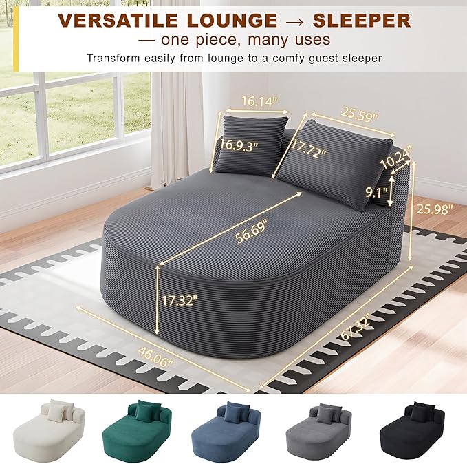Chaise Lounge Chair Indoor 67.5 Oversized Boneless Couch Could Comfy Upholstered Sleeper Sofa Bed Corduroy Plush Modern Curved Floor Sofas Chair with 2 Pillows for Readng Living Room Bedroom Apartment