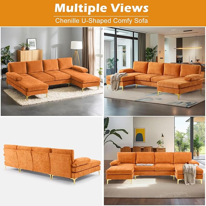 VINGLI 110 Sectional Couches for Living RoomU Shape Couch with Double Chaise 4-Seat Sofa Set with Chenille Fabric for Home FurnitureBurnt Orange