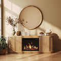 BELLEZE 67 Fluted TV Stand with Electric Fireplace Heater w/Sound Curved Entertainment Center with Sliding Tambour Doors Media Console Table for TV up to 75 for Living Room (Camel)