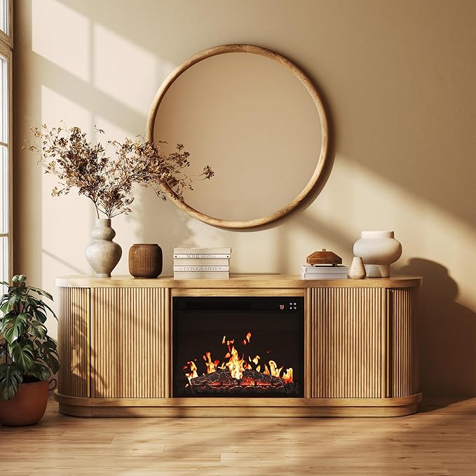 BELLEZE 67 Fluted TV Stand with Electric Fireplace Heater w/Sound Curved Entertainment Center with Sliding Tambour Doors Media Console Table for TV up to 75 for Living Room (Camel)
