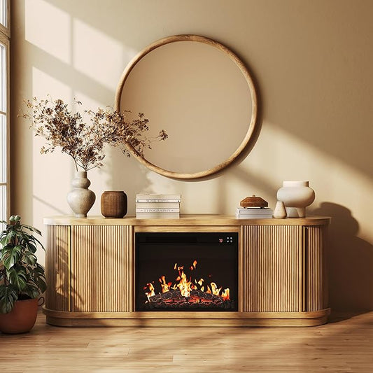 BELLEZE 67 Fluted TV Stand with Electric Fireplace Heater w/Sound Curved Entertainment Center with Sliding Tambour Doors Media Console Table for TV up to 75 for Living Room (Camel)
