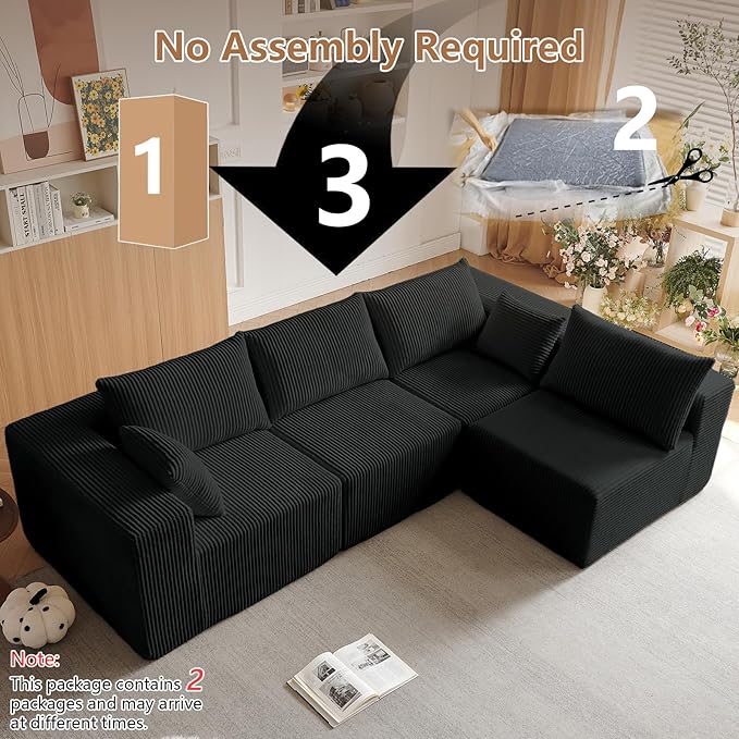 104'' Cloud Modular Sectional Sofa Corduroy L-Shaped Minimalist Couch with Deep Seat Modern 4-Seater Free Combination Sofa for Living Room – No Assembly Required (Black)