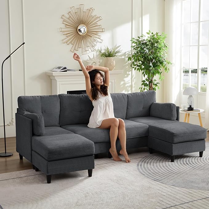 PUREMIND 89 U Shaped Sectional Couches Corduroy Sectional Sofa with Reversible Storage Ottoman 4 Seater Sofa with Throw Pillows Upholstered L-Shaped Couch for Living Room Dark Grey