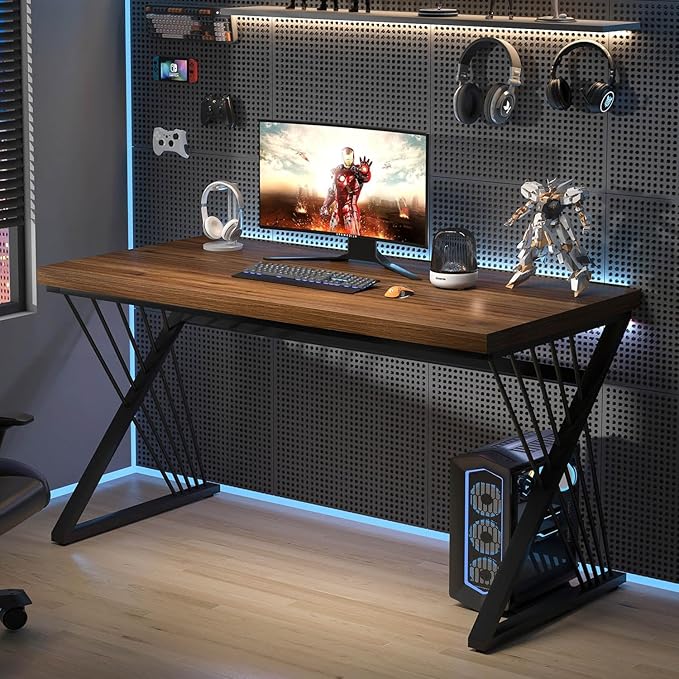 FOLUBAN Home Office Desks Modern Wood and Metal Writing Study Work Table Industrial Computer Desk for Bedroom Living Room Rustic Walnut 47 Inch