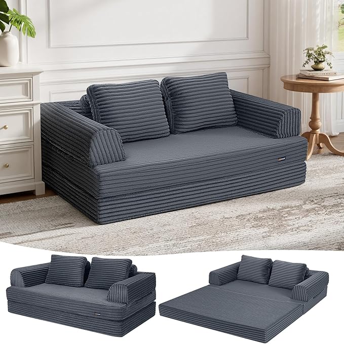 COMAX Convertible Sofa Bed Folding Floor Couch Corduroy Fold Out Couch Bed Futon Sleeper Mattress with Pillows Boneless Sofa Comfy Lounge Loveseat for Living Room Bedroom Plush Grey
