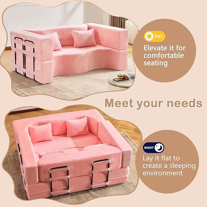 2-in-1 4 Seat Folding Sofa Bed with Pillow No Assembly Futon Twin Size Sofa Bed Breathable Velvet Convertible Couch Bed for Living Room and Guest Room 71.65 Inch Pink