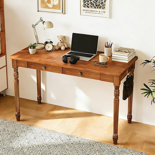 100% Solid Wooden Desk with Drawers - 47.2” Mid Century Modern Desk with 2 Hooks Vintage Writing Desk with Drawers Simple Work Study Table for Bedroom &amp Home Office - Walnut Color