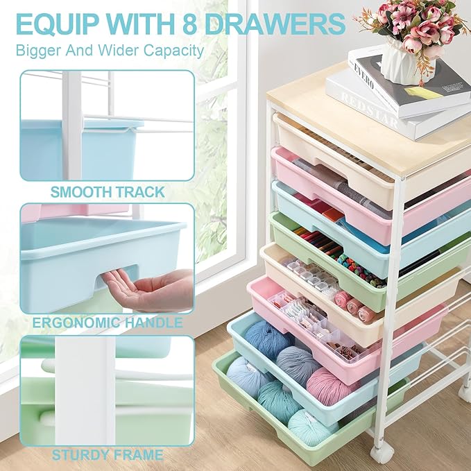 Rolling Storage Cart with DrawersUtility Cart With 8 Drawers and Wooden TabletopRolling Drawer CartStorage Drawer Cart for Living RoomClassroomBedroomBathroomDormOfficeRainbow