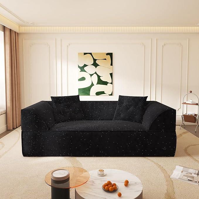 3-in-1 Convertible Folding Sofa Bed 79.5 Queen Size Sleeper Curved Couch Modern Deep Seat Fluffy Couch with 2 Pillows 3-Seater Sofa Sparkling Chenille Fabric Sofa (A-Black 3 Seat)