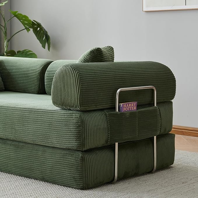 Antetek Modular Couch Bed Convertible Folding Plush Corduroy Comfy Floor Compression Loveseat Sleeper Sofa Couch King Size Bed for Guest Room Living Room Bedroom No Assembly Required Leaf Green
