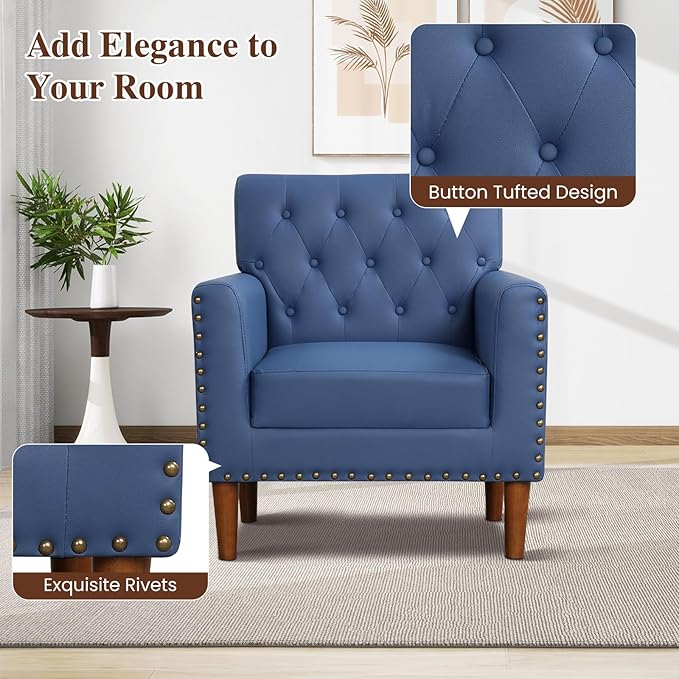 KOMFOTT Mid Century Modern Accent Chair Faux Leather Upholstered Armchair with Button Tufted Decoration &amp Rivets Rubber Wood Legs Soft Padded Seat Cushion Single Sofa for Living Room Home (Bl