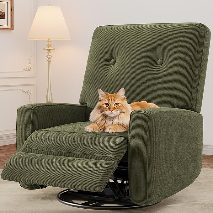 GarveeHome Recliner Chairs Swivel Rocker Recliner Glider Recliner Nursery Chair for Adults 360° Swivel Glider Rocking Chair for Living Room Bedroom Office RV Small Spaces Corduroy Green