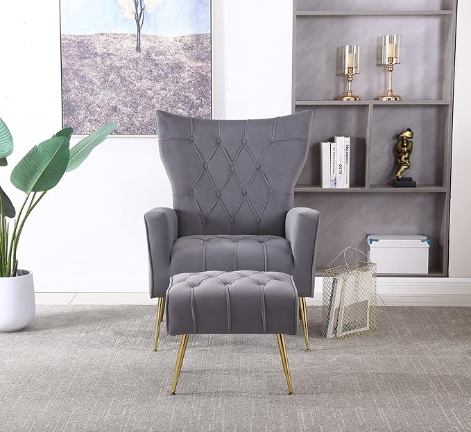 Velvet Accent Chair with Ottoman Comfy Tufted Armchair with Gold Metal Legs Modern Upholstered Wingback Chair with Footrest Set for Living Room Bedroom Lounge Office Grey