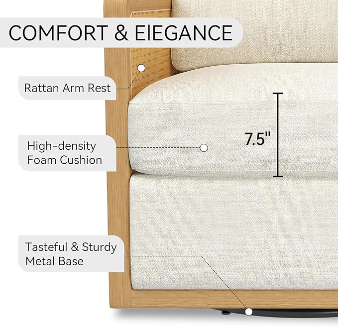 Swivel Barrel Chair Premium Rattan Comfy Round Accent Chair for Living Room Mid Century Modern Reading Chair for Adults Bedroom Side Chairs for Small Spaces Armchair for Home/Office/Cream Linen