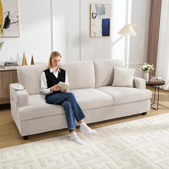 85 Inch Sofa with Side Pocket Corduroy Fabric 3 Seater Couch for Living Room Comfy Modern Small Couch for Bedroom Small Spaces Dorms Office Beige