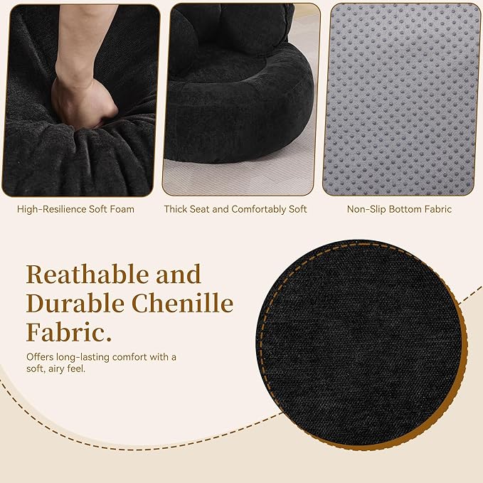 Round Oversized Chair Floor Sofa Chair Chenille Compressed Circle Chaise Lounge No Assembly Boneless Barrel Chair Lazy Bean Bag Couch Accent Chair for Living Room Bedroom DormBlack