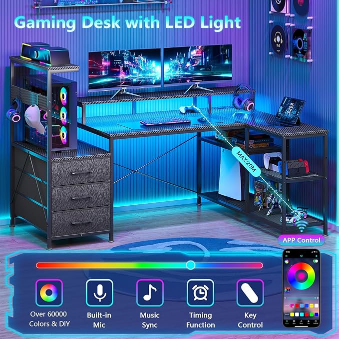 L Shaped Gaming Desk with Drawers &amp Storage Shelves Corner Gaming Desk with Power Outlets &amp LED Light Reversible Computer Desk with Monitor Stand &amp Hooks Carbon Fiber Black