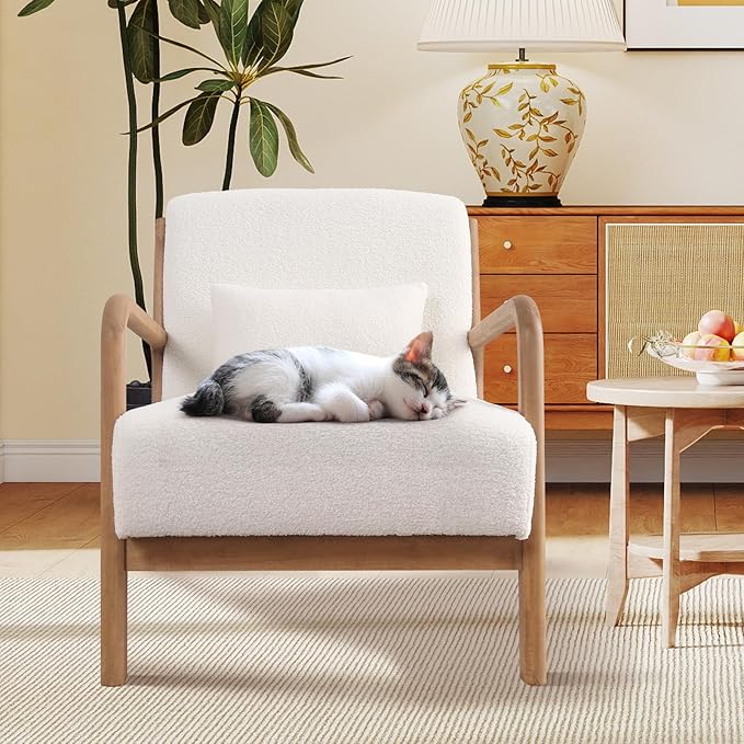 ANJ Mid Century Modern Accent Chair Single Fabric Lounge Reading Armchair with Solid Wood Frame Easy Assembly Arm Chairs for Living Room White