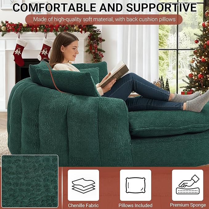 71 Oversized Round Chair Giant Bean Bag Couch Chairs for Adults Fluffy Chenille Boneless Couch Circle Bed with 5 Pillows Extra Deep Seat for Living Room Lounge No Assembly Required (Emerald)