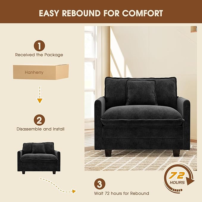 Hanherry 41.8” Oversized Accent Chair Chenille Single Sofa Chair for Living Room Modern Upholstered Reading Chair Deep Seat Comfy Armchair with Pillow for Bedroom and Apartment Black