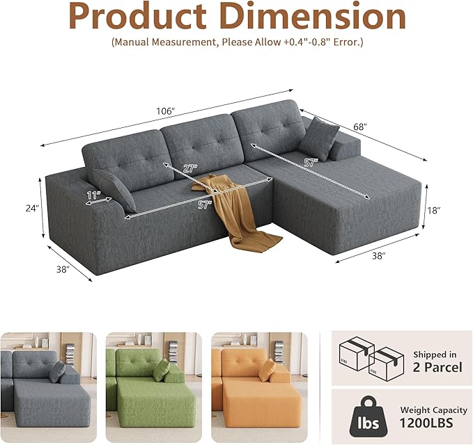Ball &amp Cast 106 Modular Sectional SofaCloud Chenille Couch with Deep SeatBoneless L-Shaped SectionalModern Comfort Upholstered Sofa for Living RoomNo Assembly Required (Gray Right Facing Cha