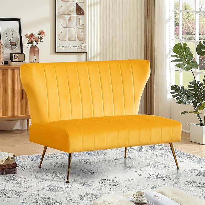 50’’ Armless Loveseat Sofa Comfy Upholstered Velet Small Couch Sofa with Gold Legs 2 Seater Tufted Modern Couch for Living Room Bedroom Apartment Small Space (Yellow)