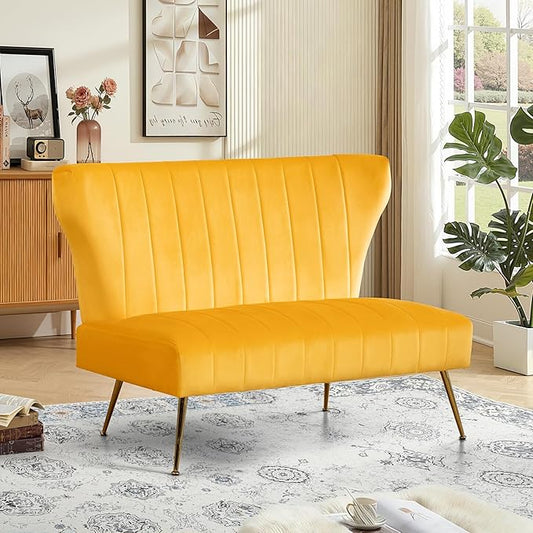 50’’ Armless Loveseat Sofa Comfy Upholstered Velet Small Couch Sofa with Gold Legs 2 Seater Tufted Modern Couch for Living Room Bedroom Apartment Small Space (Yellow)