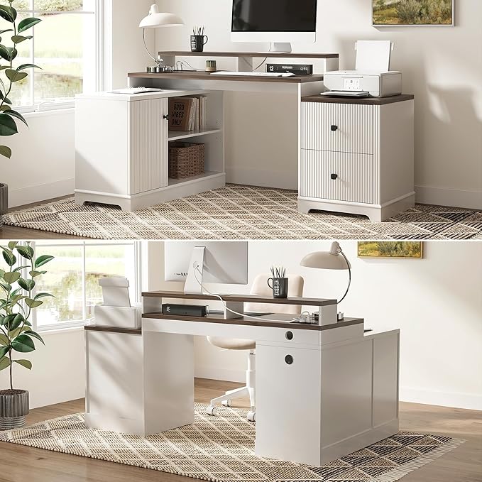 67 L Shaped Executive Desk with Drawers &amp Storage Shelf Corner Computer Desk with Power Outlets Home Office Desk with Monitor Stand Printer Shelf Computer Writing Desk for Work Antique White